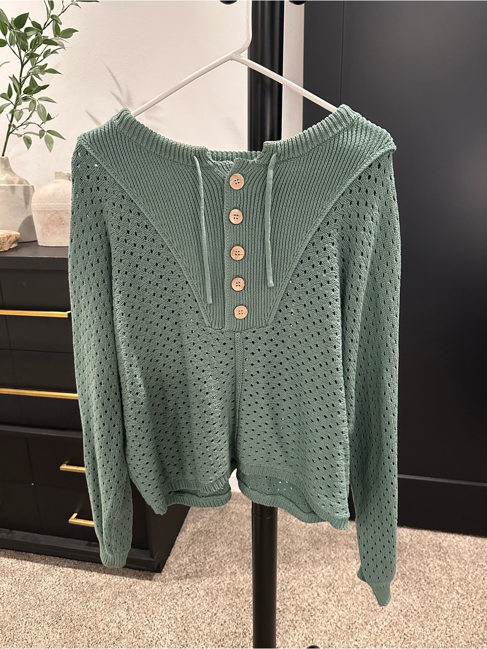 Sage Off-the-Shoulder Knit Sweater with Button Placket